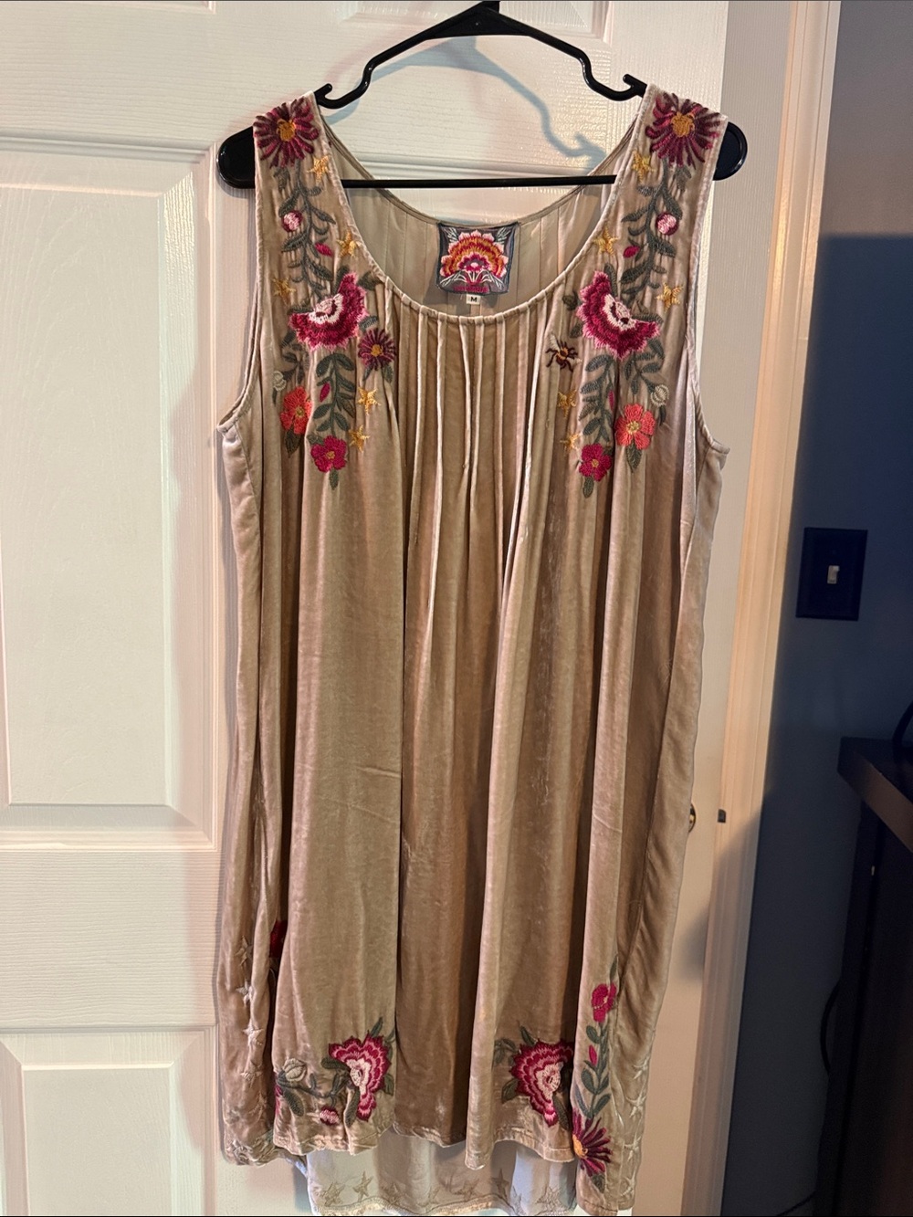 Sundance Taupe Velvet Sleeveless Tunic with Pink & Red Floral Embroidery